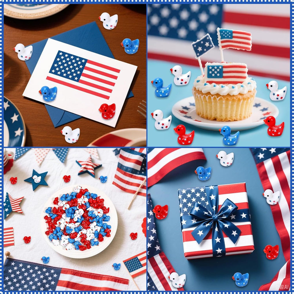 JUNEBRUSHS 120 Pcs Patriotic Ducks Mini Resin Ducks Figures 4th of July Decor Red White Blue Mini Resin Ducks for 4th of July Vase Filler Gifts Tabletop Micro Landscape Party Home Decorations