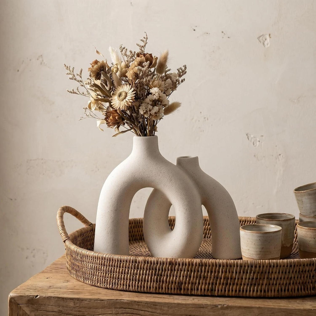 CEMABT Modern Nordic Boho Vase Set - Elegant Beige Matte Ceramic Vase for Living Room, Bookshelf, Mantel, Entryway Table & Console Decor | Home Decor Shelf Decorations Easter Gift