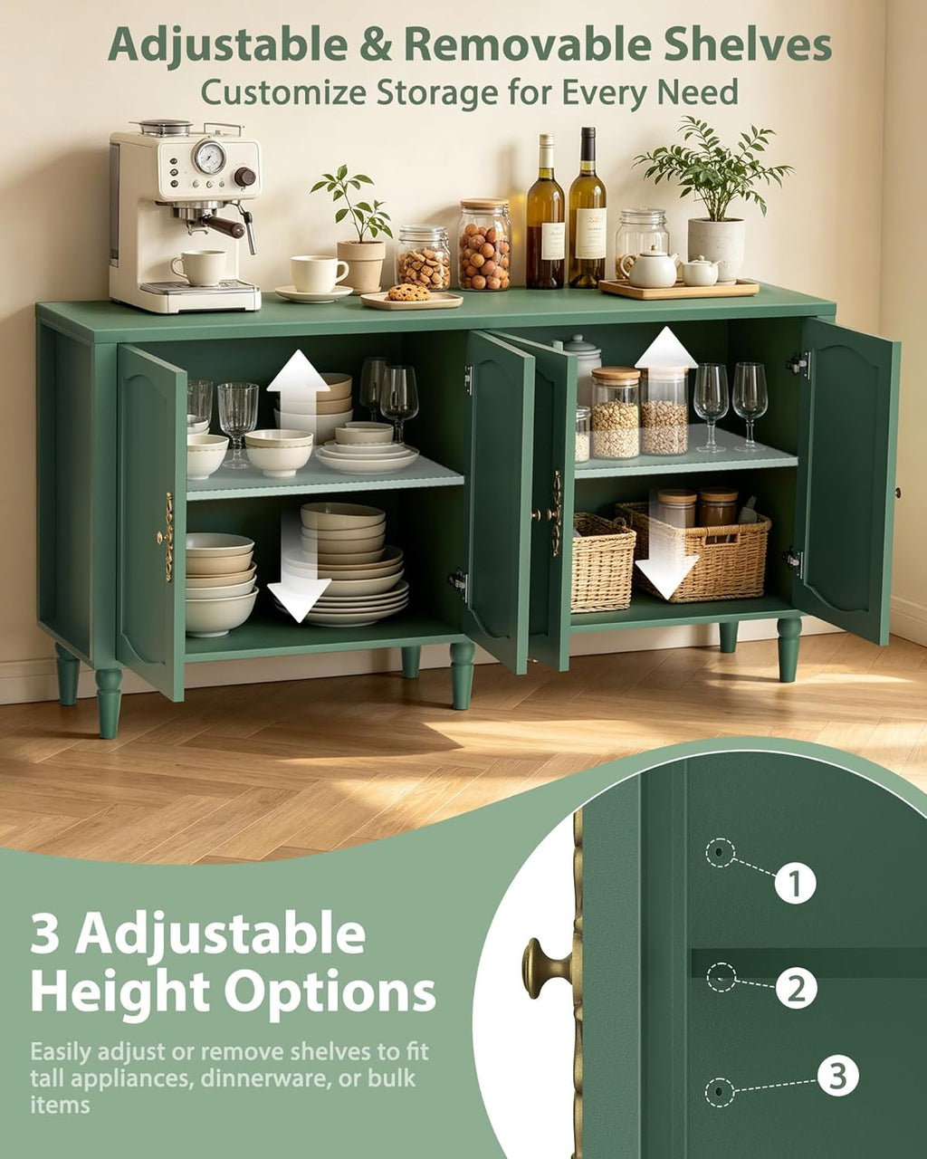 fineway 63" Sideboard Buffet Cabinet, Mid Century Modern Credenza Storage Cabinet with Carved Handle & Adjustable Shelves, Buffet Table Kitchen Coffee Bar for Living Room Dining Room - Green