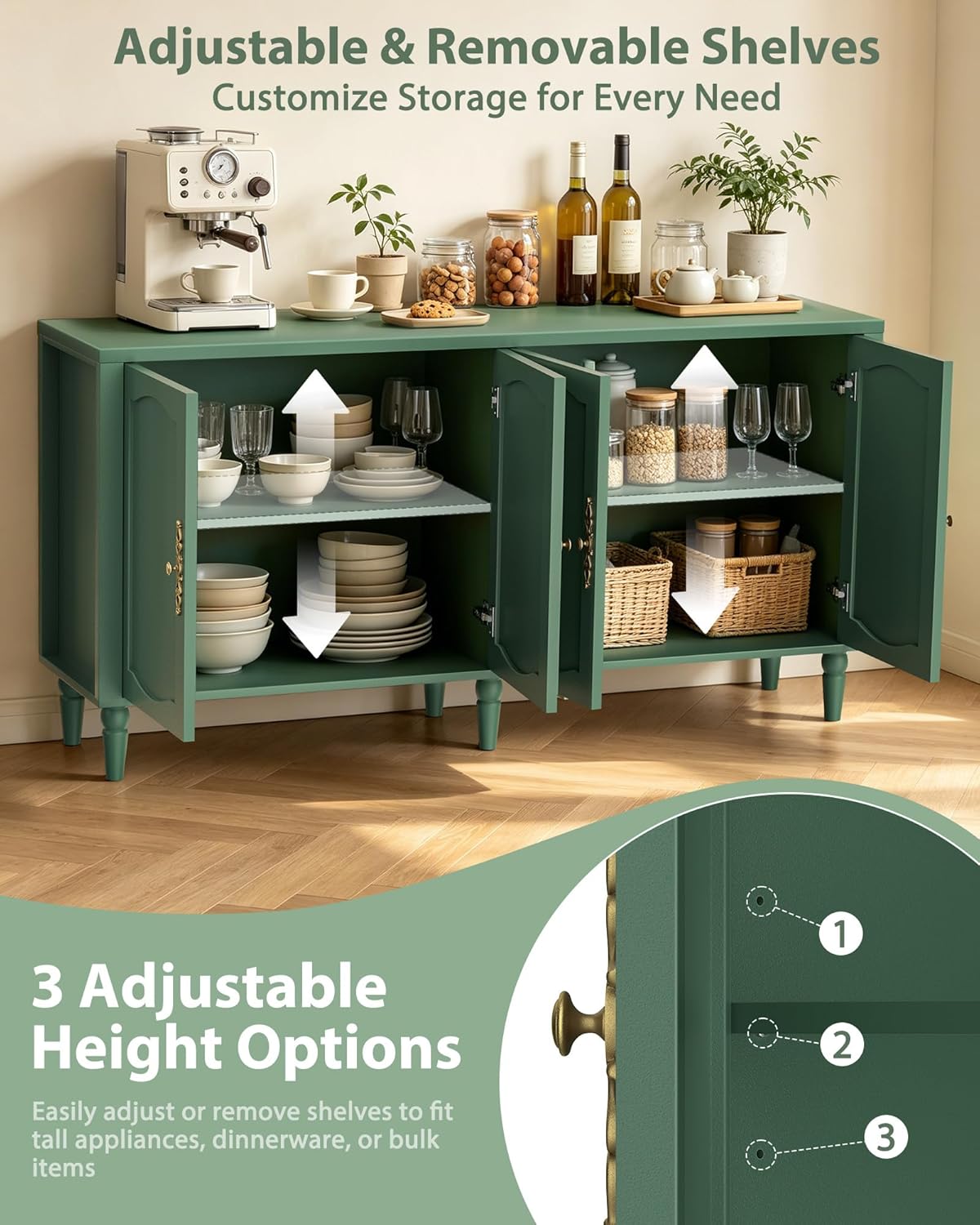 fineway 63" Sideboard Buffet Cabinet, Mid Century Modern Credenza Storage Cabinet with Carved Handle & Adjustable Shelves, Buffet Table Kitchen Coffee Bar for Living Room Dining Room - Green