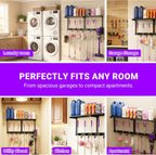 Heavy Duty Broom Holder Wall Mount with Cleaning Supplies Organizer, Space-Saving Laundry Room Organization and Storage Shelves, All-Metal Mop Hanger Broom Rack with Hooks, Garage Organizer Shelf