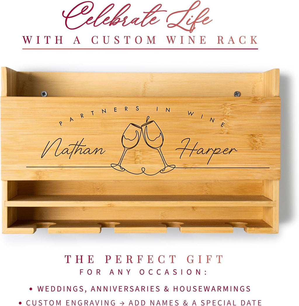 Personalized Wine Rack - Wall Mounted Custom Engraved Holder for 4 Bottles and Glasses - Ideal Gift for Wine Lovers, Weddings, Housewarmings - Customized Names Gifts for Couples