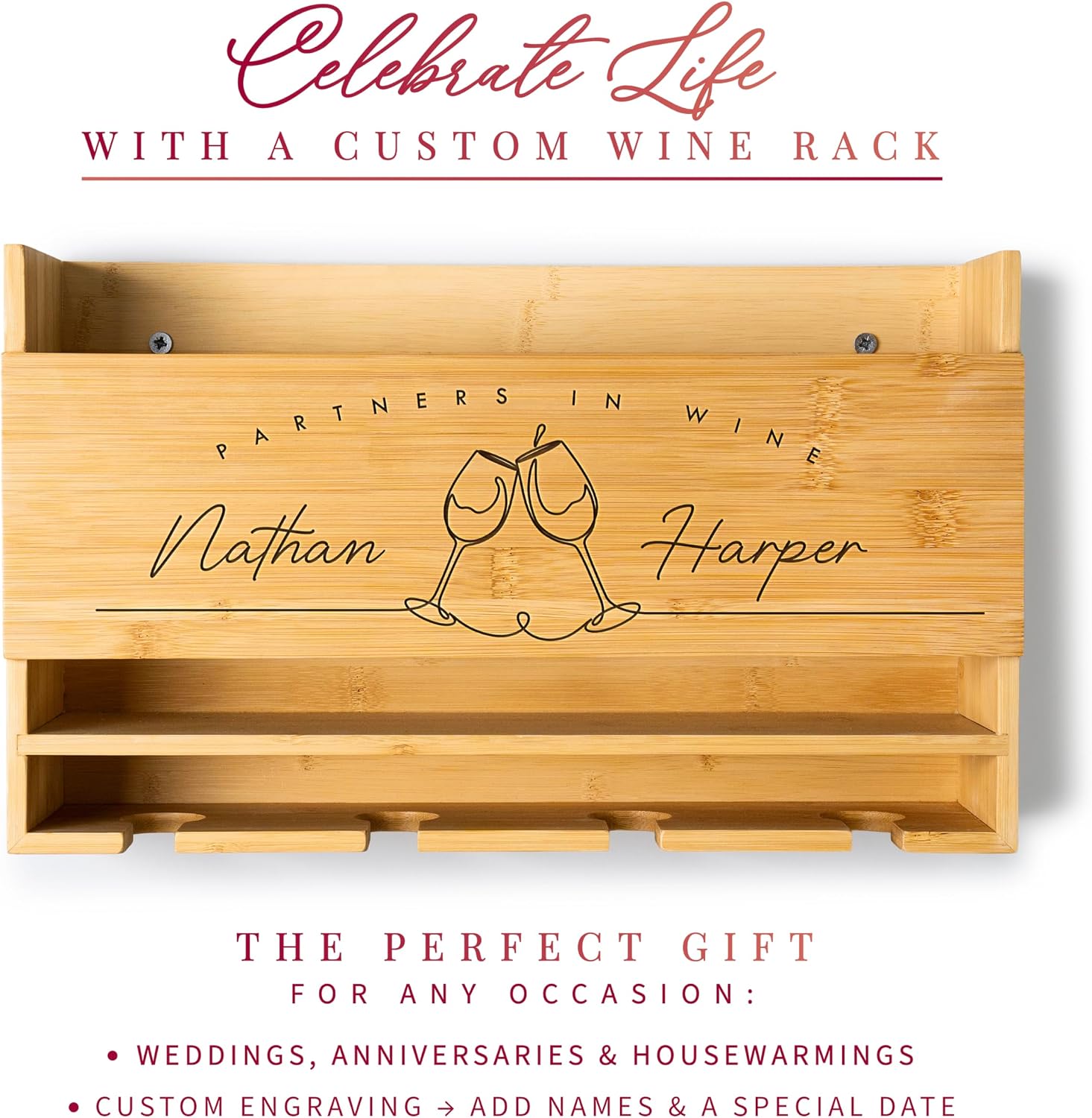 Personalized Wine Rack - Wall Mounted Custom Engraved Holder for 4 Bottles and Glasses - Ideal Gift for Wine Lovers, Weddings, Housewarmings - Customized Names Gifts for Couples