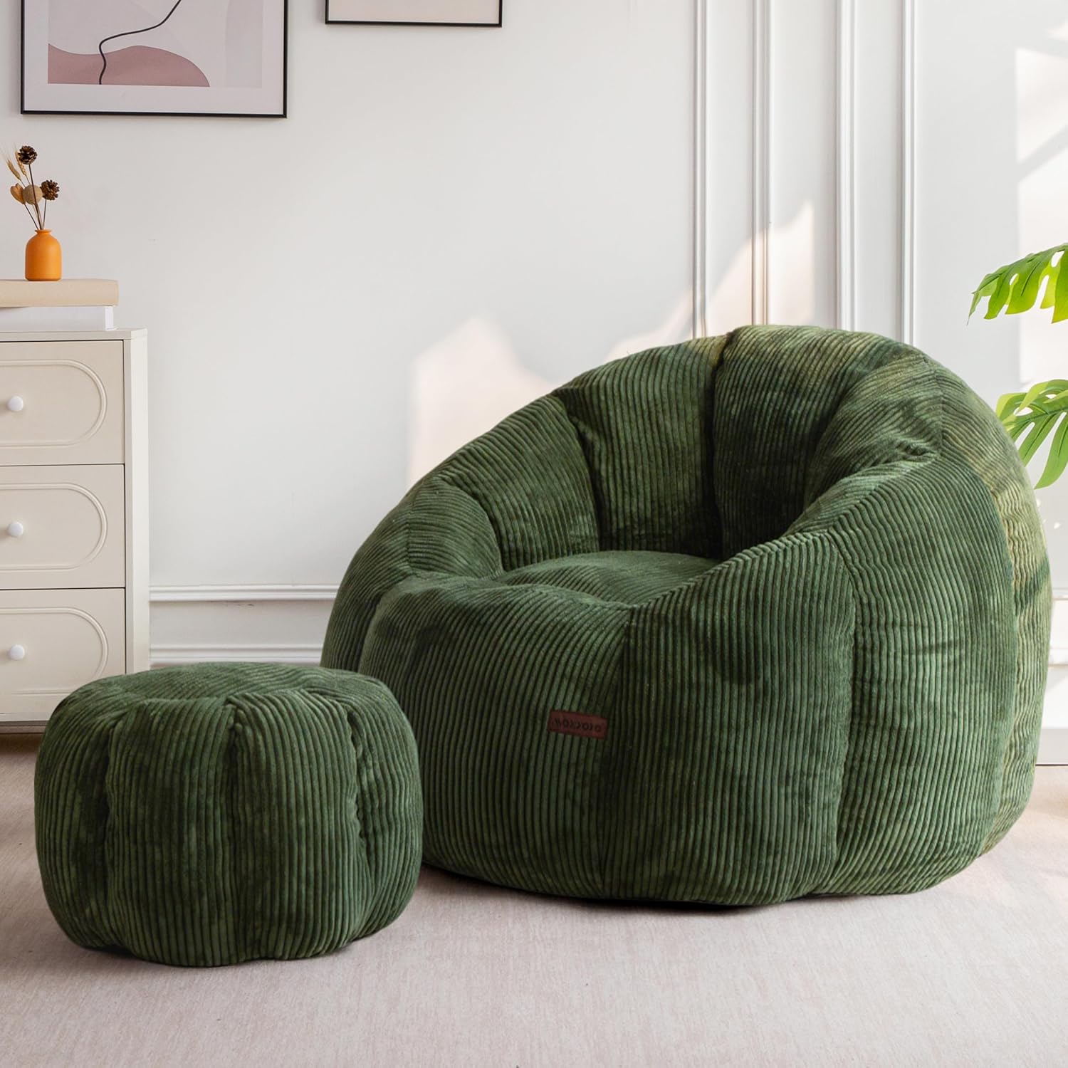 MAXYOYO Giant Bean Bag Chair with Ottoman, Pumpkin-Shaped Bean Bag Sofa with Footstool, Oversized Boneless Couch Chair in a Box, Comfy and Lazy Lounge for Dorm, Living Room, Bedroom, Green
