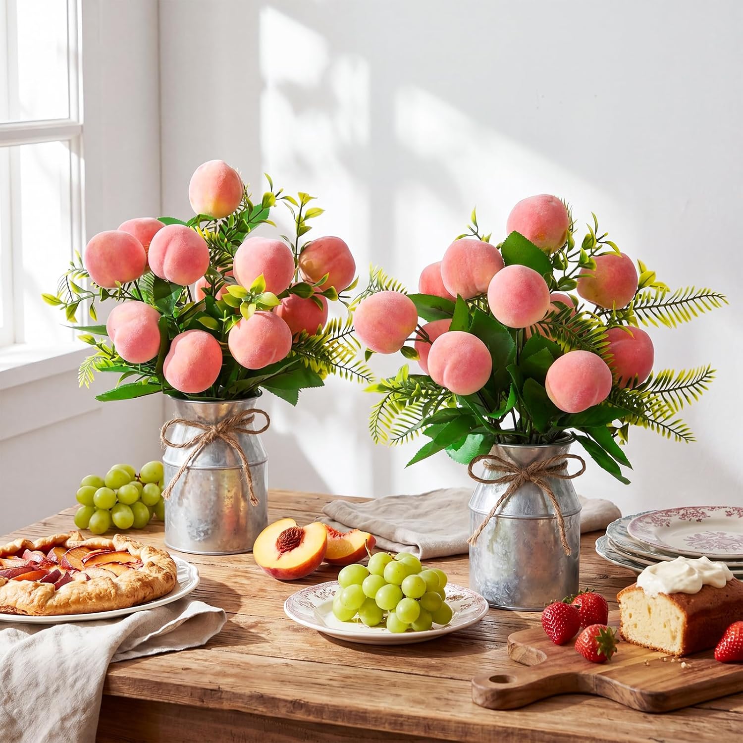 Hotop 2 Sets Artificial Peach Branches with Flower Vases 16.14'' Realistic Artificial Peach Fruits Bouquet with Green Leaves Fruit Flower Arrangement for Home Baby Shower Party Farmhouse Table Decor