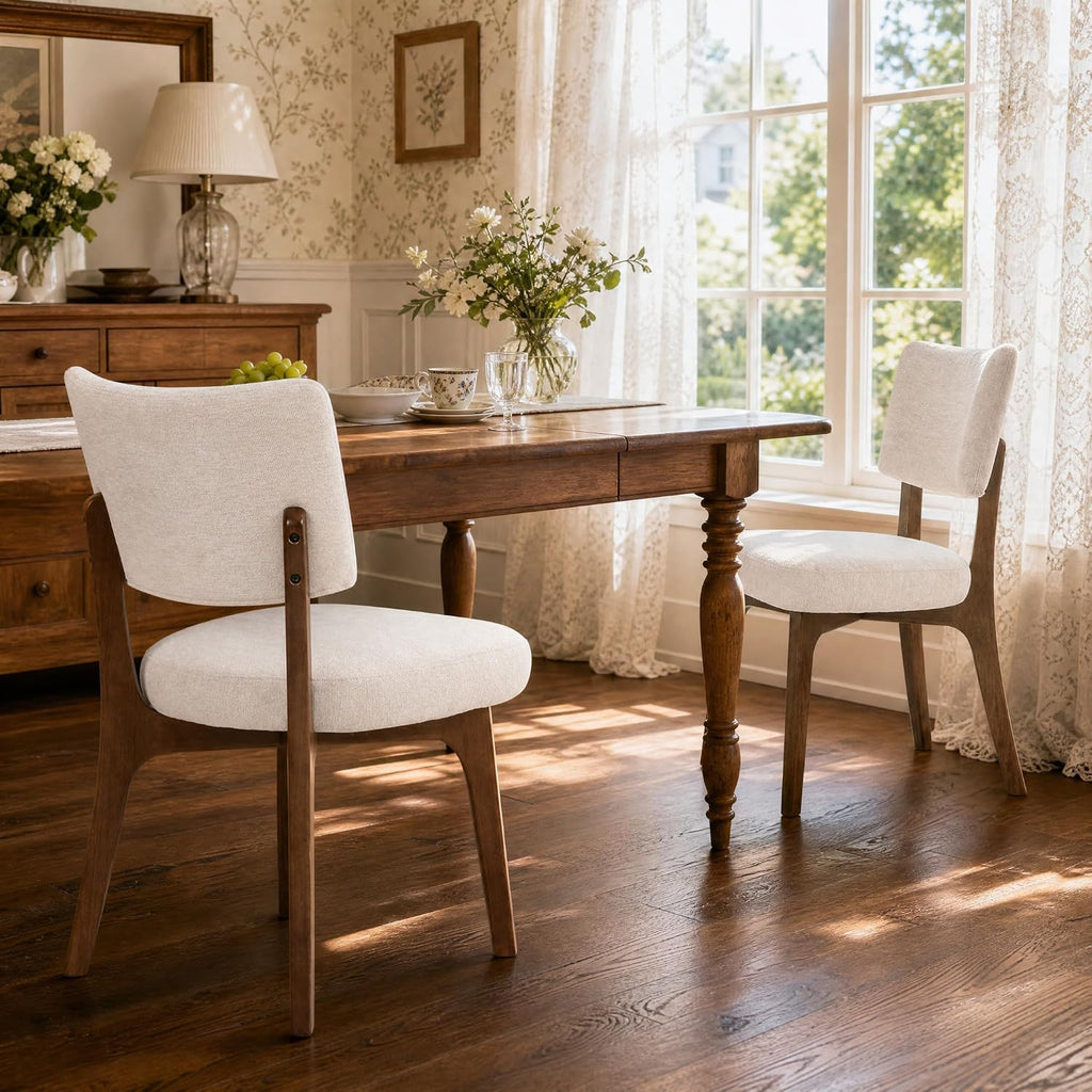 YOUNIKE Wooden Dining Chairs Set of 2, Chenille Fabric Upholstered Dining Room Chairs Kitchen Side Chairs, Farmhouse Dinner Chairs with Solid Wood Legs for Kitchen Dining Vanity, Beige