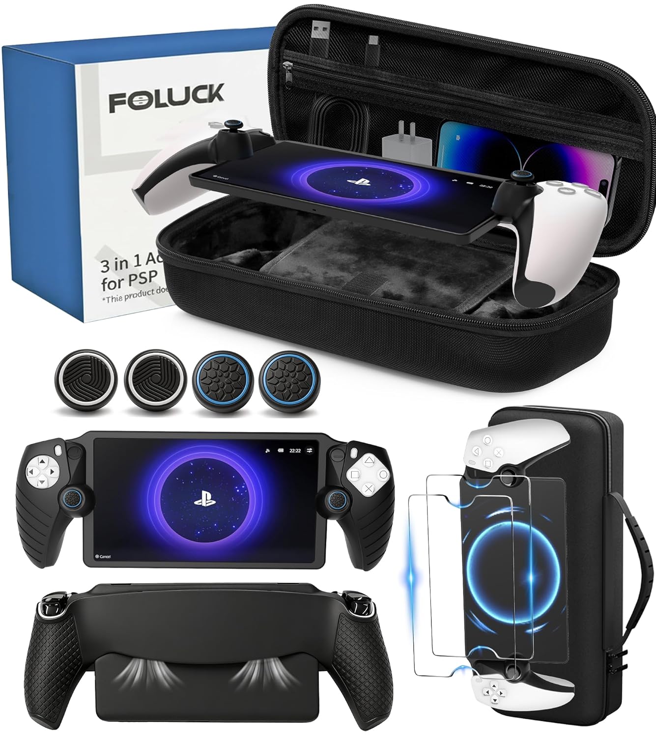 Foluck 4 in 1 Carrying Case for PlayStation Portal Remote Player, Waterproof Hard Case for PS5 Portal with Soft Protective Cover Skin Case, 2 Screen Protector, 4 Thumb Grip Caps, PS Portal Accessories