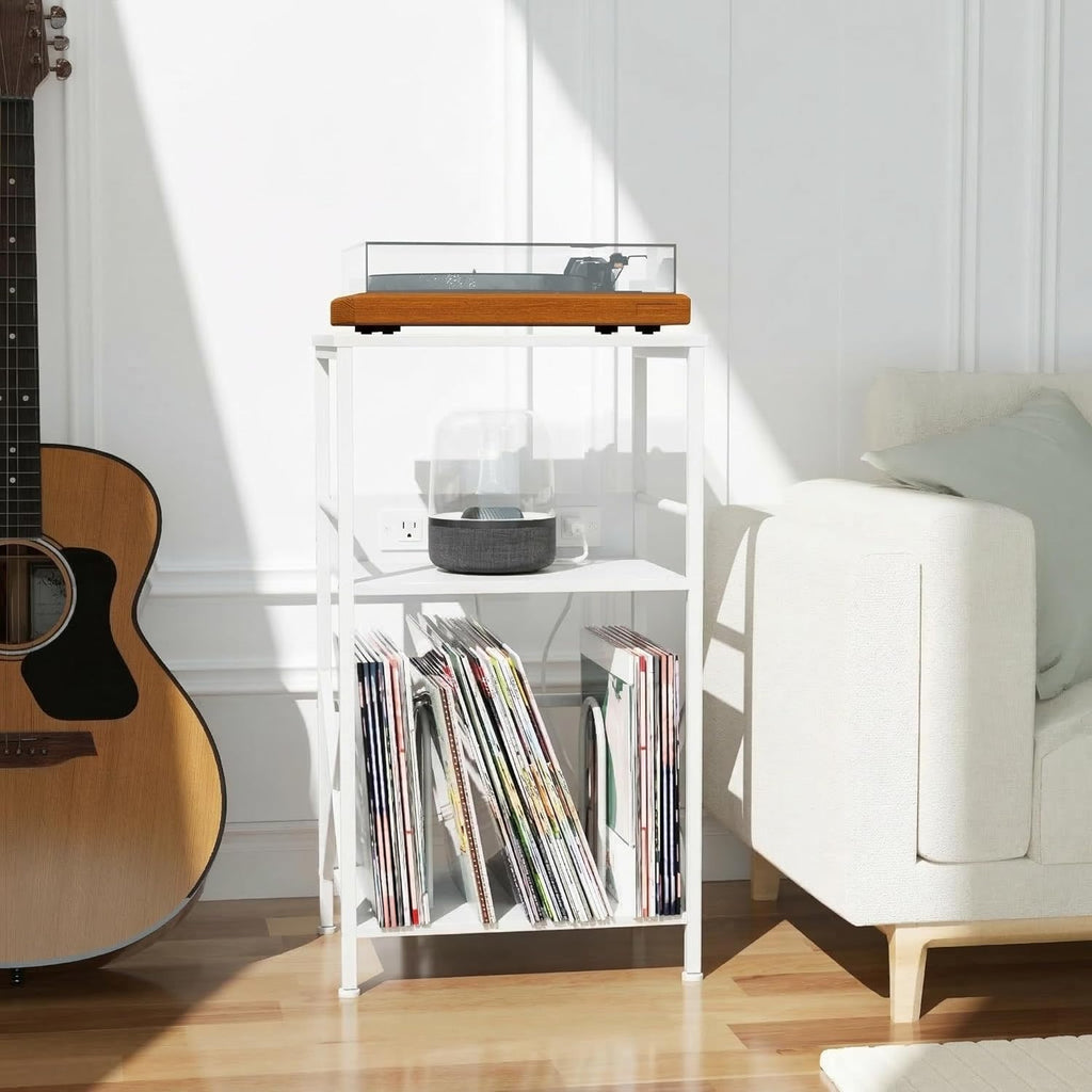 DALEMHOME Record Player Stand with Charging Station, 3-Tier Side Table for 100 Vinyl Storage, End Table for Living Room, Bedroom, White HKET1001WT