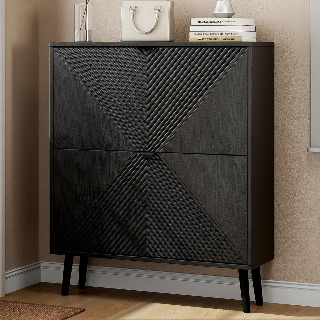 oakvivo Shoe Cabinet Storage, Farmhouse Freestanding Organizer with 2 Flip Drawers and 4 Wooden feet, Narrow Shoe Rack Cabinet for Entryway, Foyer, Hallway, Black