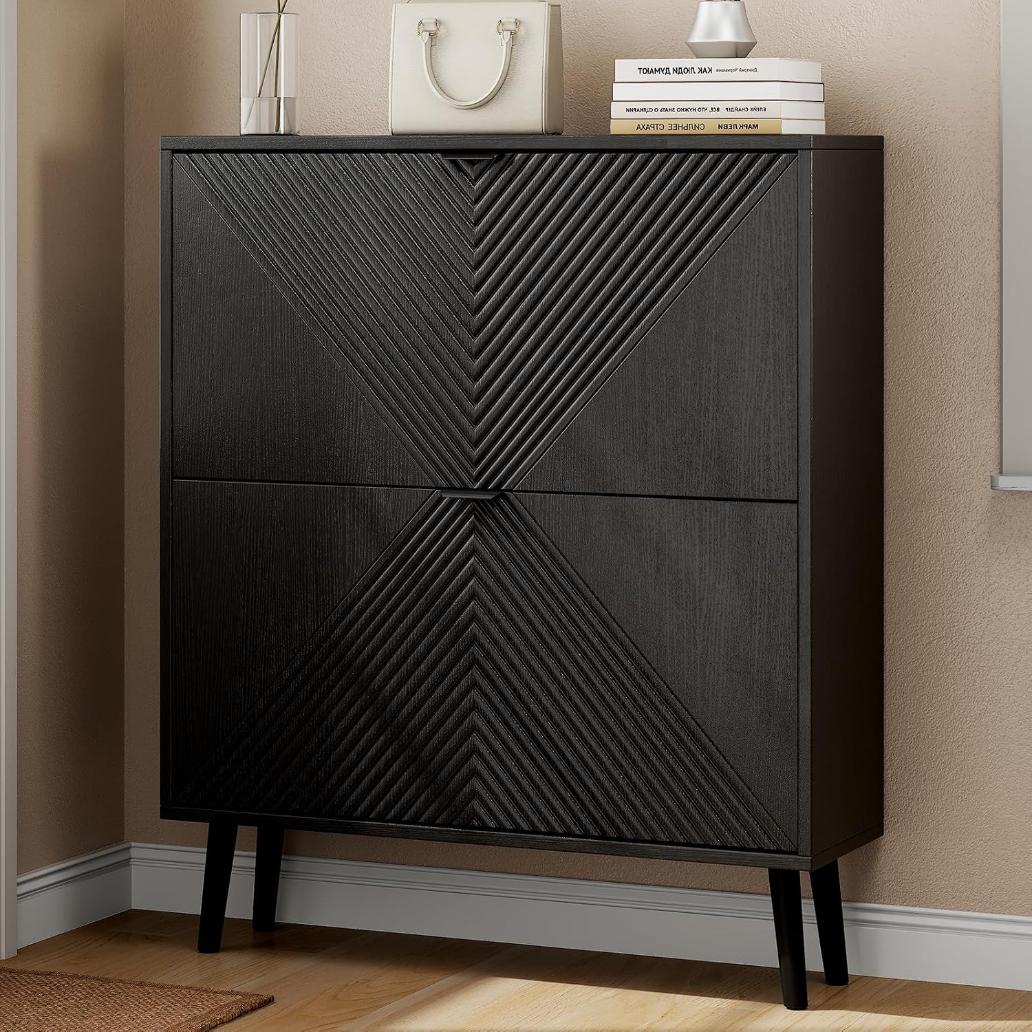 oakvivo Shoe Cabinet Storage, Farmhouse Freestanding Organizer with 2 Flip Drawers and 4 Wooden feet, Narrow Shoe Rack Cabinet for Entryway, Foyer, Hallway, Black