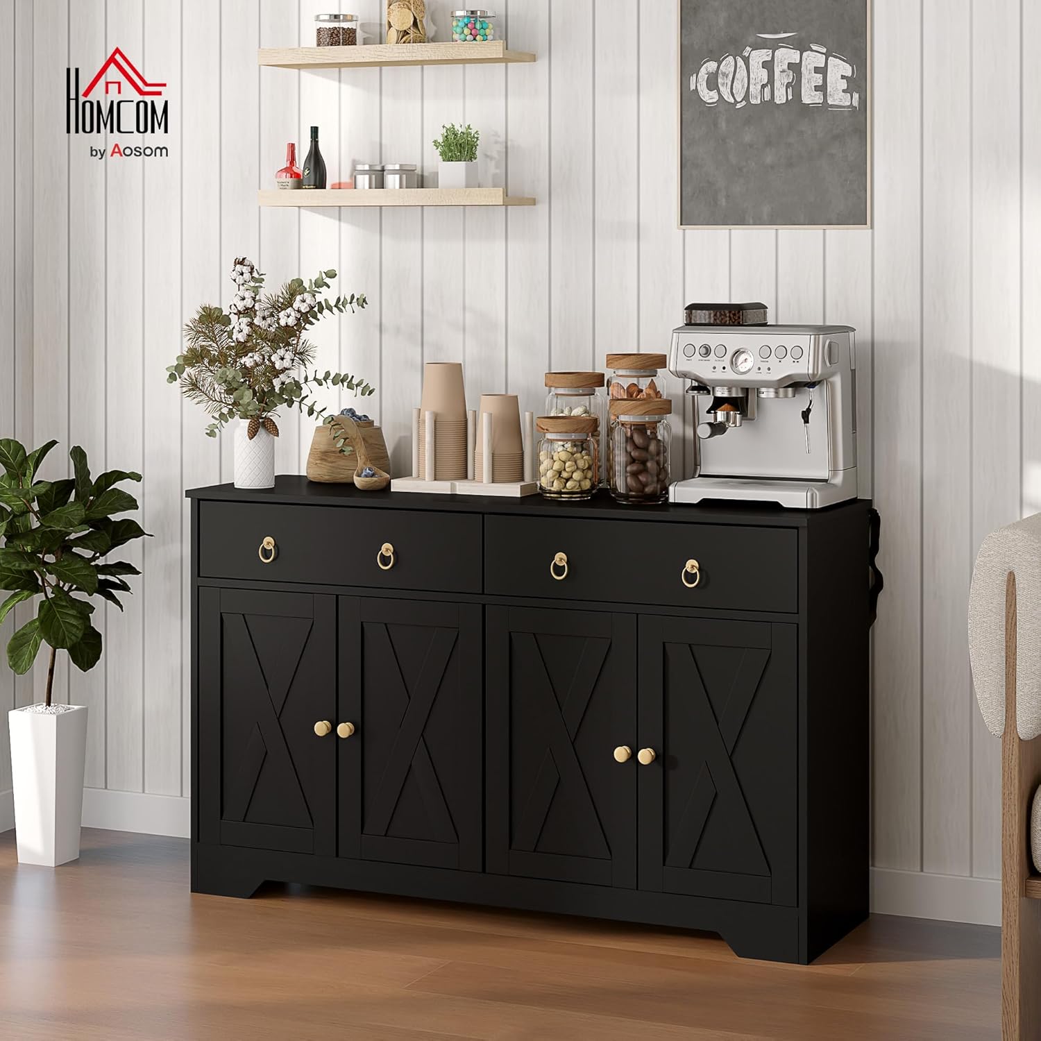 HOMCOM 48" Sideboard Buffet with Storage, Kitchen Storage Cabinet with 2 Drawers and 4 Barn Doors, Farmhouse Coffee Bar Cabinet with Adjustable Shelves, Black