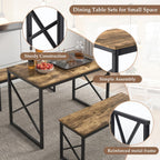 VECELO Kitchen Dining Table Benches Set for 4, 43.3" Wooden Dinette with 2 Benches, Heavy-Duty Dining Room Table for Small Space, Breakfast Nook, Brown