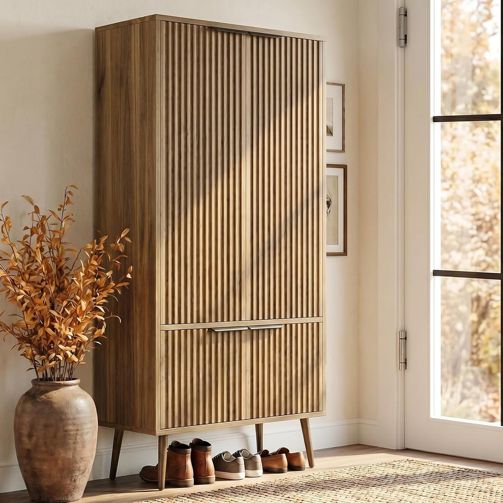 Oak Fluted 51" Tall Wooden Kitchen Pantry Storage Cabinet Food Organize with Adjustable Shelves, Modern Accent Cabinet Sideboard Buffet for Dining Room, Entryway, Bathroom, Home Office