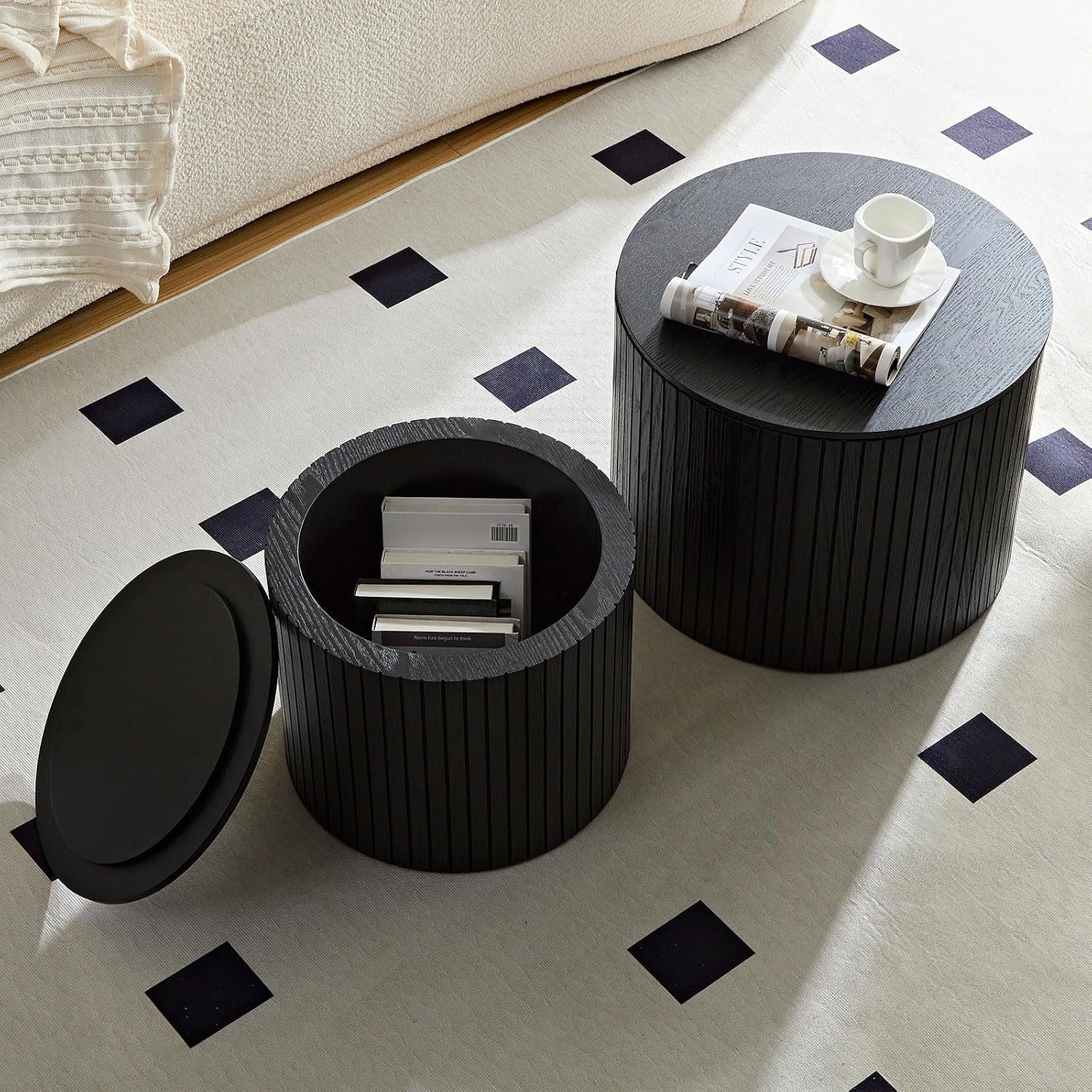 Round Storage Side Table Set of 2, Nesting Coffee Tables with Hidden Storage, Modern Wood Accent End Table for Living Room, Bedroom, Small Space, Minimalist Bedside Table, No Assembly(Black)