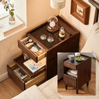Solid Wood End Table with Glass Top and Drawers, Narrow Nightstand with Pull-Out Tray, Unique Bedside Table, Small Side Table with Storage for Bedroom, Living Room, Walnut