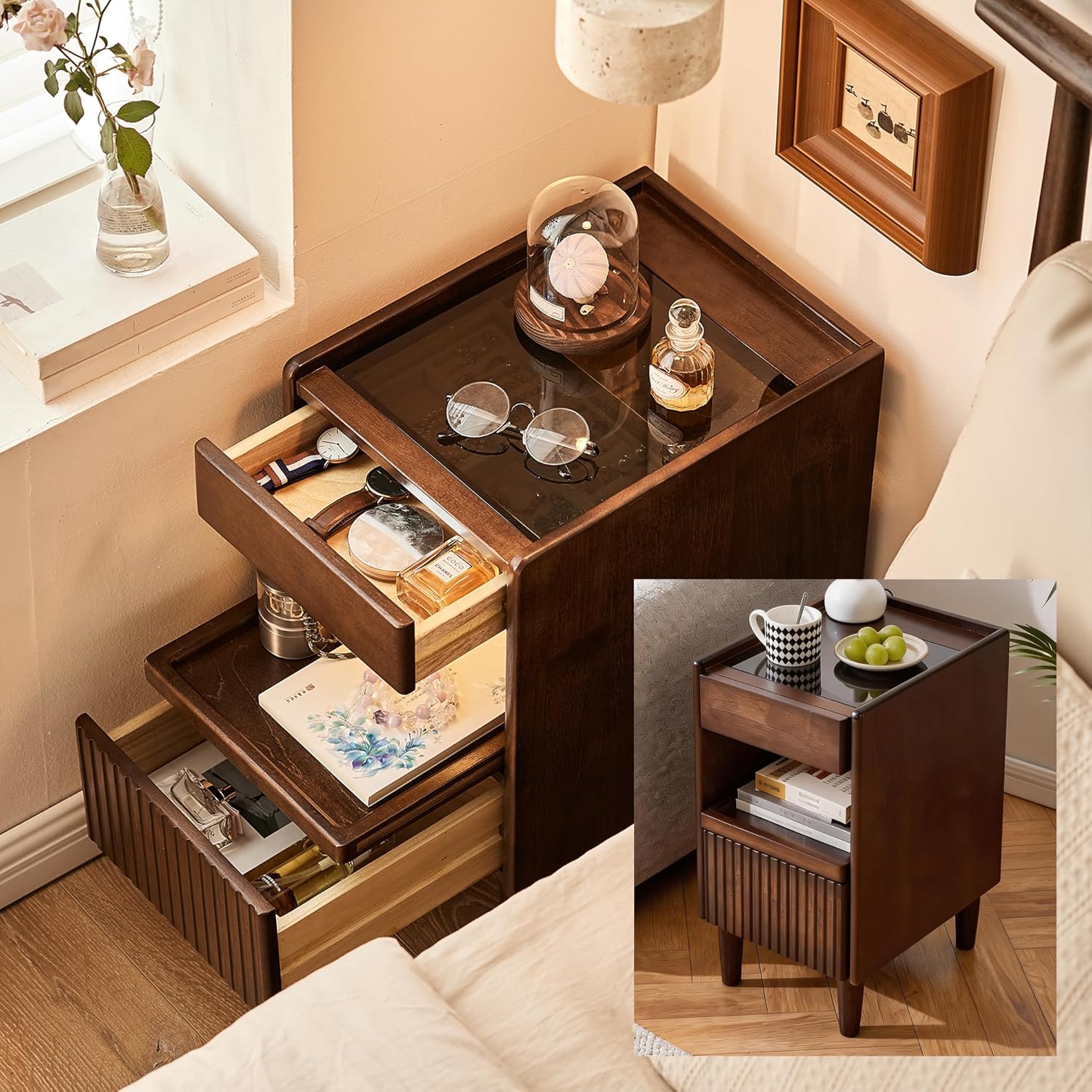 Solid Wood End Table with Glass Top and Drawers, Narrow Nightstand with Pull-Out Tray, Unique Bedside Table, Small Side Table with Storage for Bedroom, Living Room, Walnut