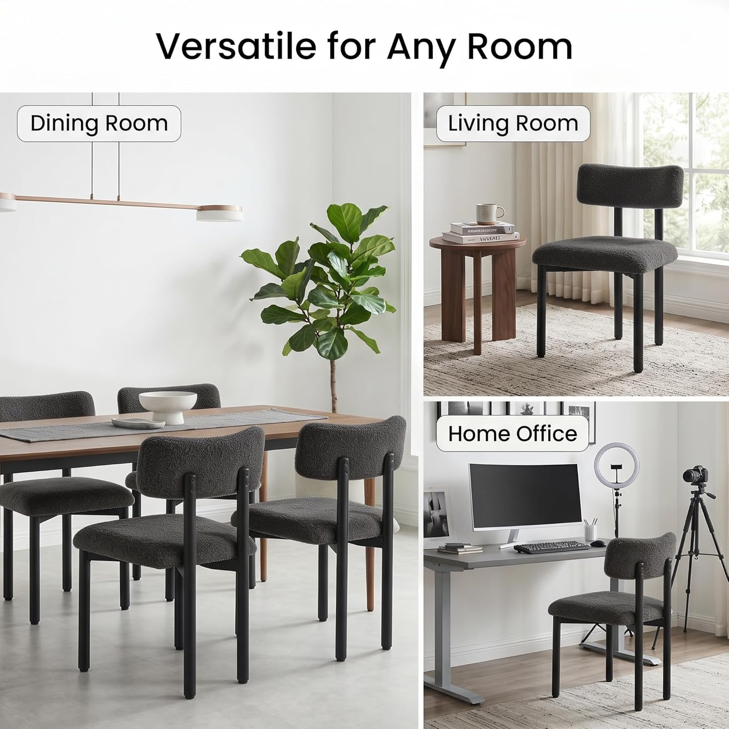 Boucle Dining Chairs Set of 4, Modern Upholstered Dining Room Chair with Curved Backrest, Sherpa Kitchen Chairs with Cushioned Seat and Black Metal Legs for Living Room Bedroom Vanity, Grey