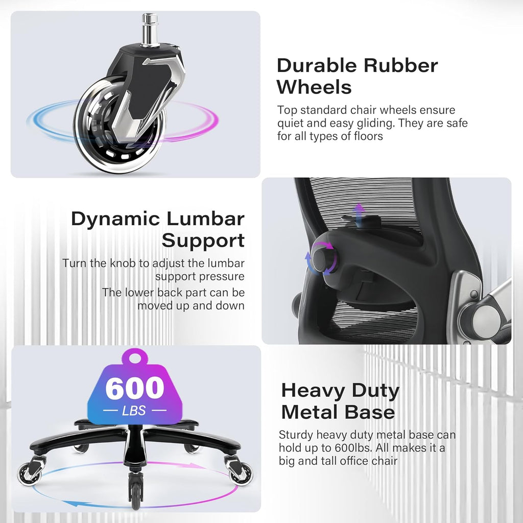 600lbs Big and Tall Office Chair- Heavy Duty Executive Computer Chair with 3D Flip Arms Large Wheels, Ergonomic Mesh High Back Desk Chair, Extra Wide Seat Adjustable Lumbar Support&Headrest