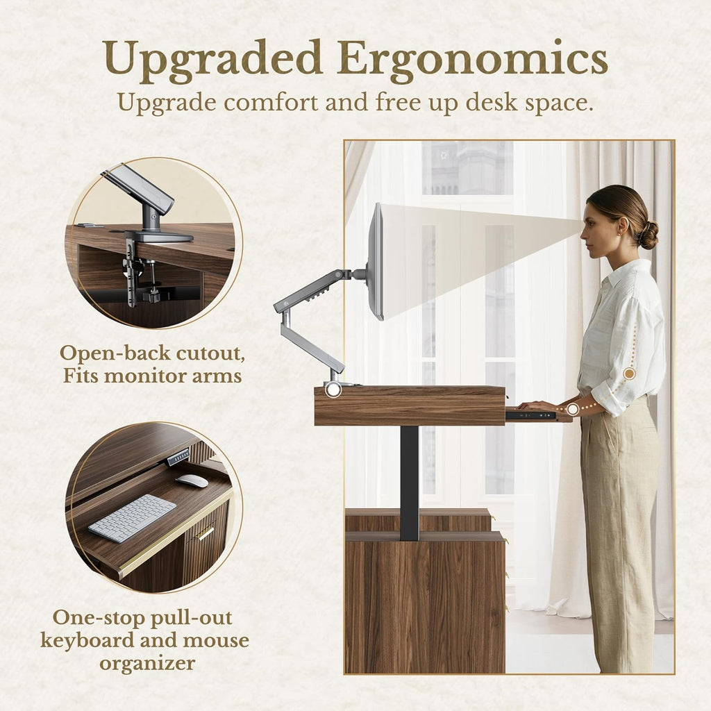 59 Inch Standing Desk with Storage Drawers, Executive Electric Height Adjustable Desk with Keyboard Tray, File Cabinet and AC/USB, Fluted Stand Up Desk with Privacy Panel, Black Walnut