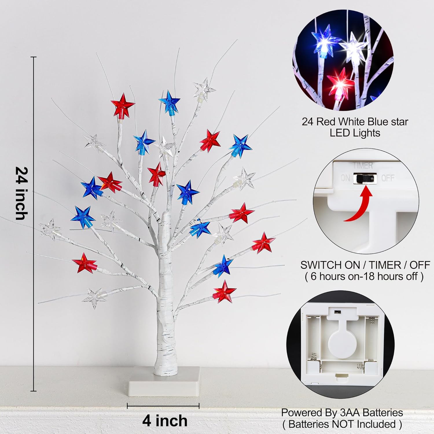 2 Pack 18" 4th of July Patriotic Tree Lights with 24 LED Red White Blue Star Lights Battery or USB Powered Lighted Tabletop Tree, Independence Day Memorial Day Decorations for Home Party Table Decor