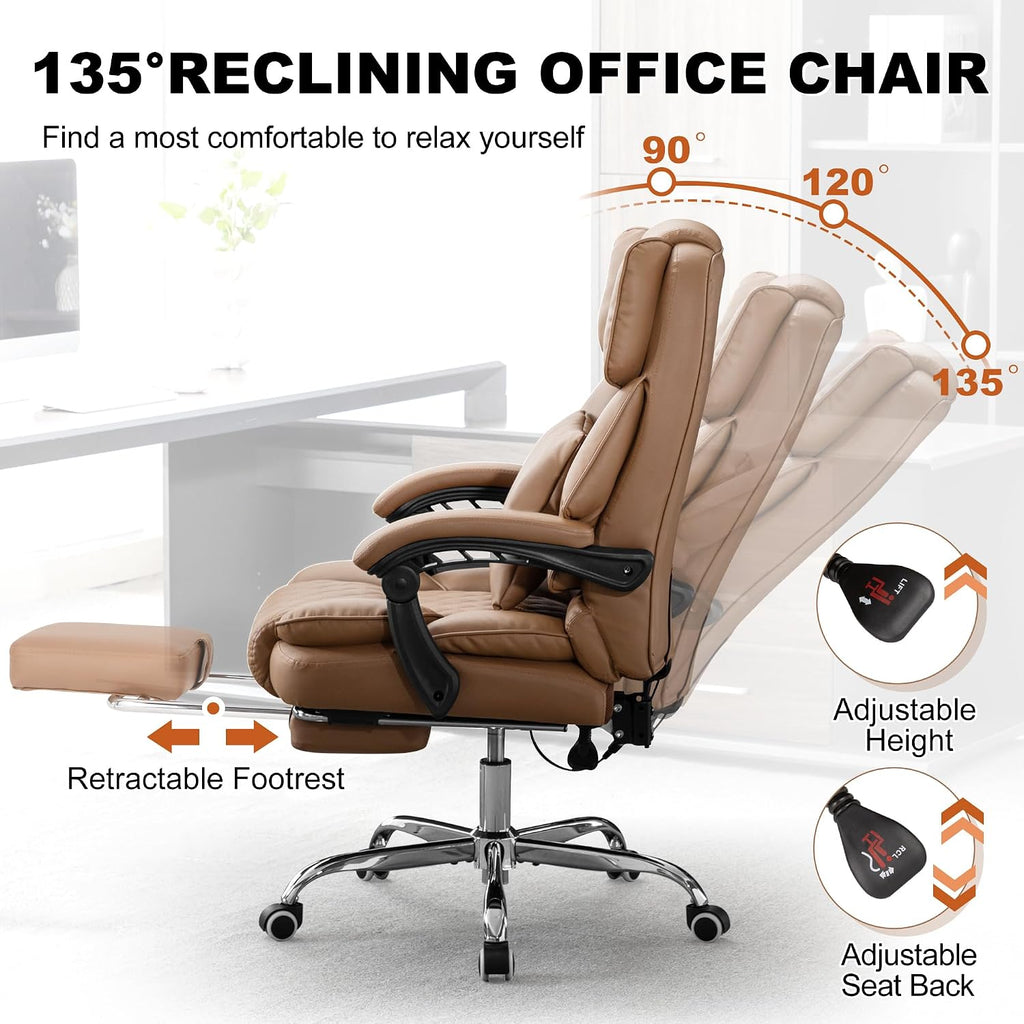 Kneading Massage Executive Office Chair with Heated,90-135° Reclining Office Chair with Footrest,Computer Desk Chair with Wheels,Diamond-Stitched Cushion Leather Office Chair (Brown)