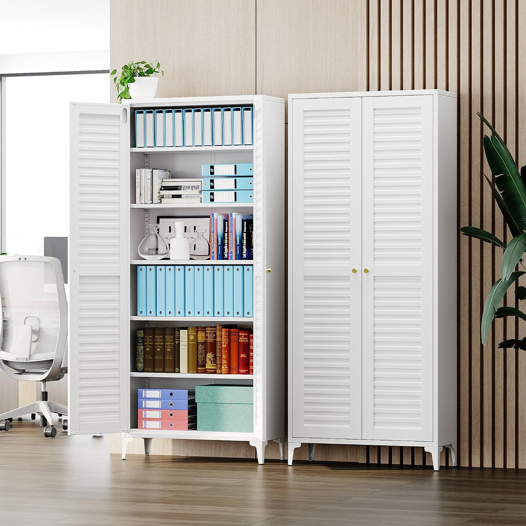 74" H Tall Kitchen Pantry Cabinet with Louvered Doors, Metal Storage Cabinet with 5 Adjustable Shelves, Large Cupboard for Dining Room, Kitchen, Living Room, White, Assembly Required