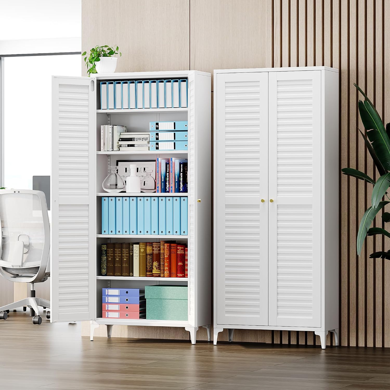 74" H Tall Kitchen Pantry Cabinet with Louvered Doors, Metal Storage Cabinet with 5 Adjustable Shelves, Large Cupboard for Dining Room, Kitchen, Living Room, White, Assembly Required