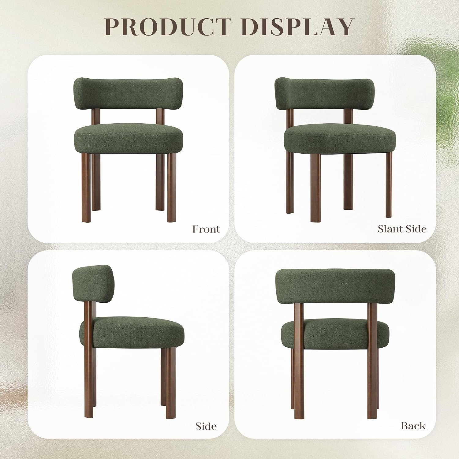 Wooden Dining Chairs Set of 2, Upholstered Kitchen Chairs with Solid Wood Legs, Mid Century Dining Room Chair with Ergonomic Curved Backrest for Kitchen Dining Vanity, Green