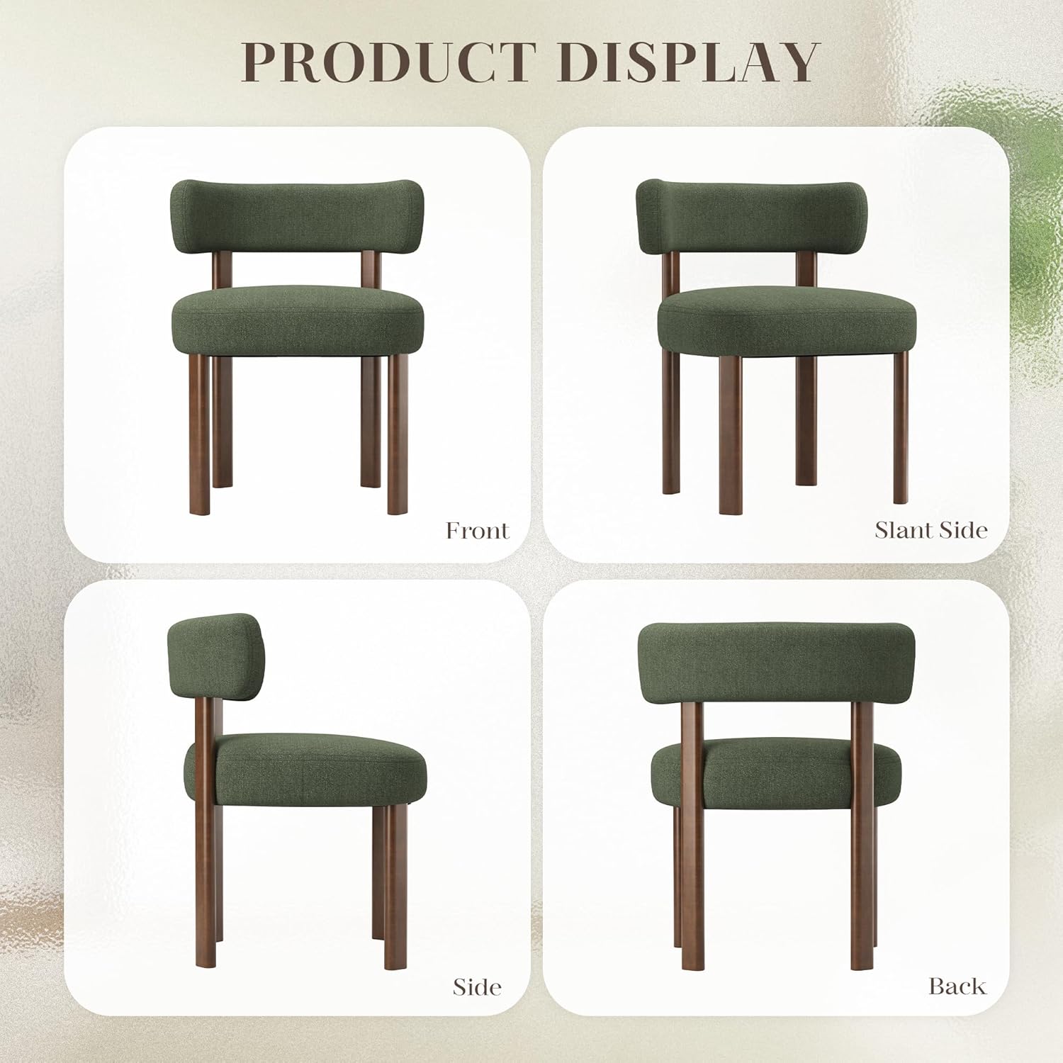 Wooden Dining Chairs Set of 2, Upholstered Kitchen Chairs with Solid Wood Legs, Mid Century Dining Room Chair with Ergonomic Curved Backrest for Kitchen Dining Vanity, Green