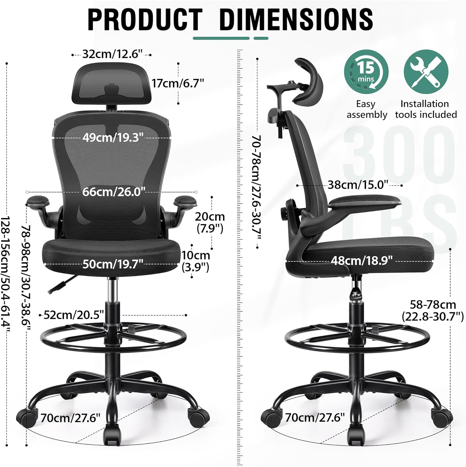 Drafting Chair, Tall Office Chair with 3D Lumbar & Head Support, Ergonomic Mesh Standing Desk Chair with Footring, Comfy Extended High Desk Chair with Flip-Up Arms & Hanger,Black
