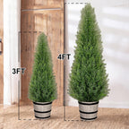 Artificial Cedar Trees 4FT Faux Cedar Topiary Evergreen Plants Outdoor Indoor Fake Cypress Pine Trees with Barrel Planter for Front Porch Entryway Patio Garden Home Decor Set of 2