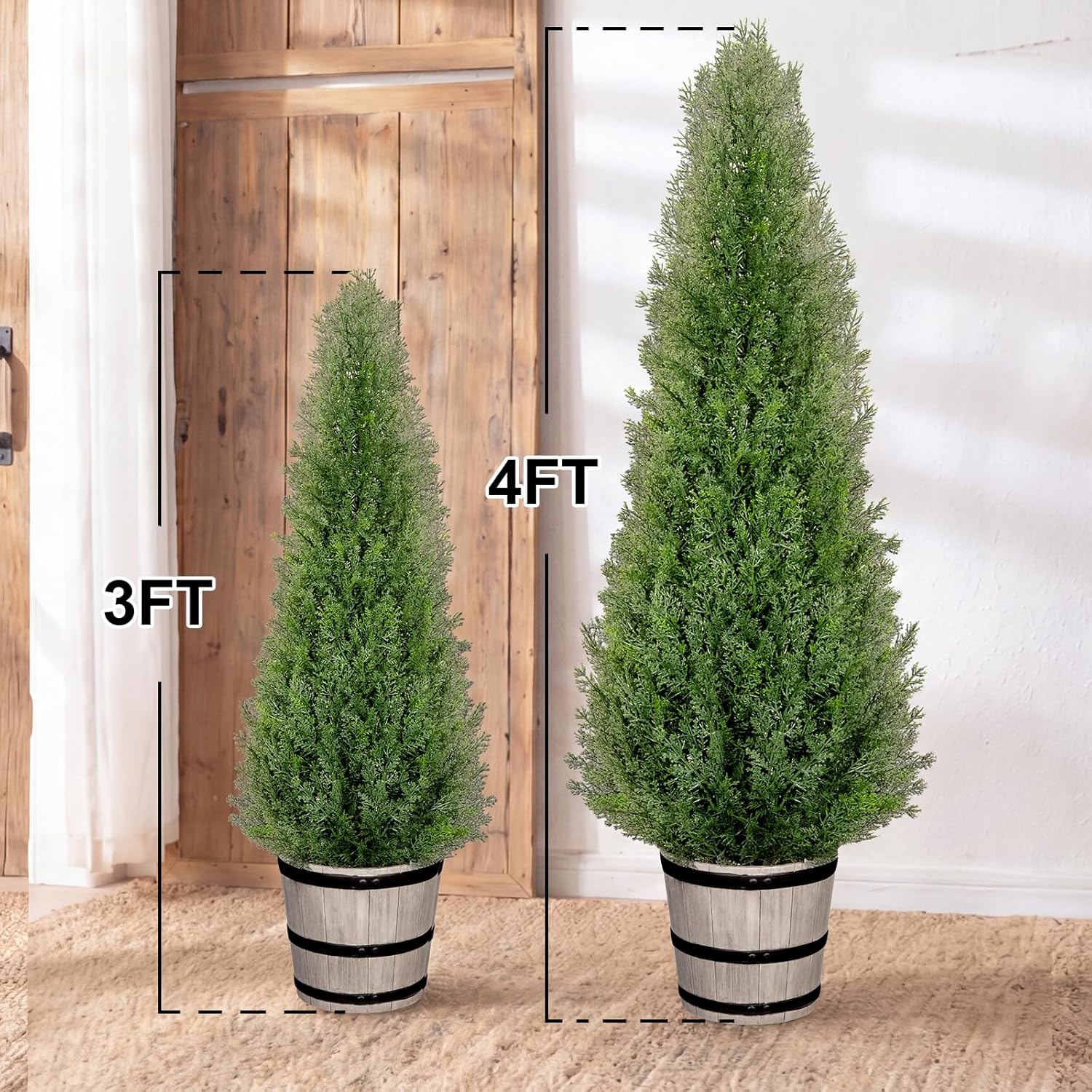 Artificial Cedar Trees 4FT Faux Cedar Topiary Evergreen Plants Outdoor Indoor Fake Cypress Pine Trees with Barrel Planter for Front Porch Entryway Patio Garden Home Decor Set of 2