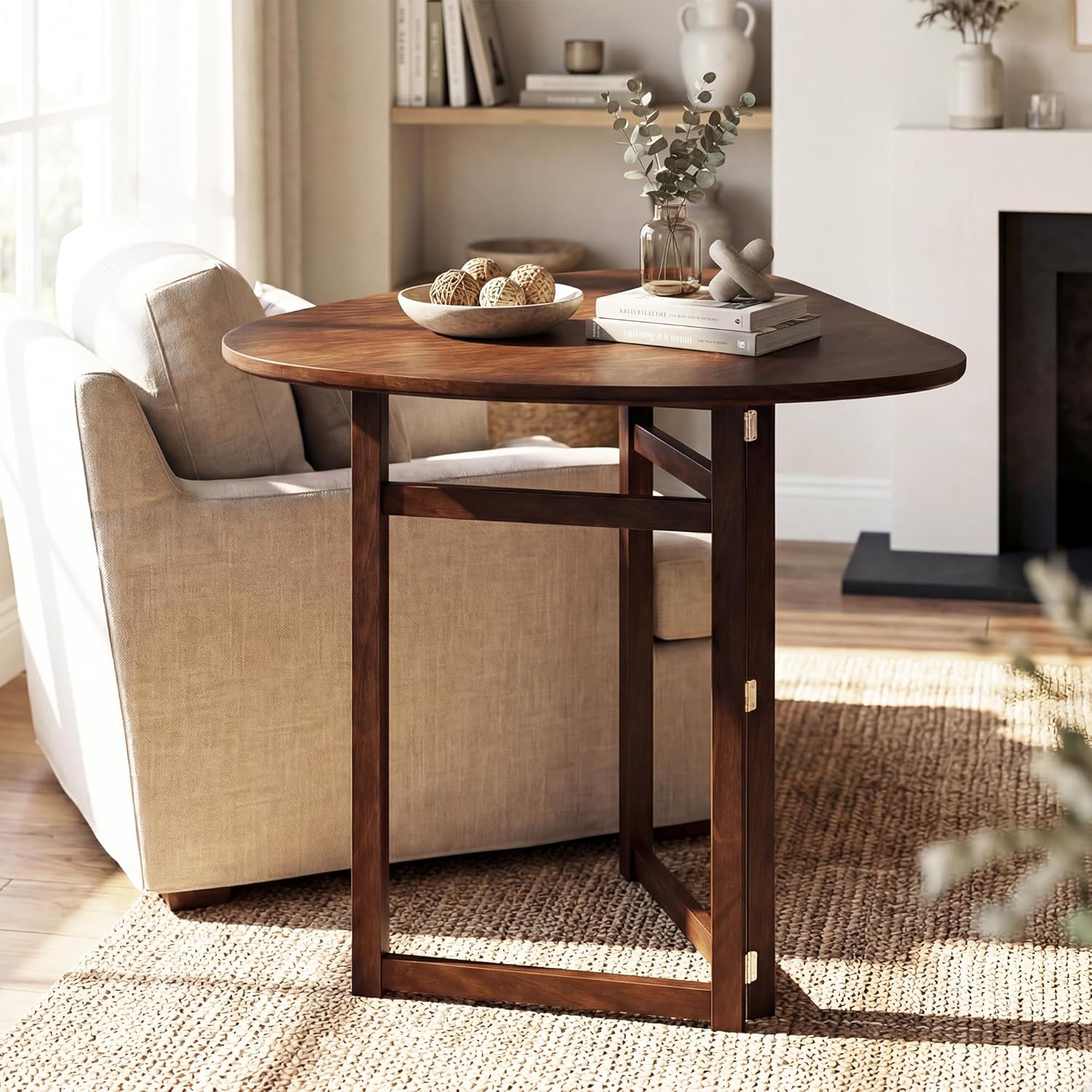 Giantex 31.5" Folding Dining Table for 2-3, Drop Leaf Kitchen Table with Triangular Top & Solid Rubber Wood Frame, Space-Saving Dinner Table for Dinette, Small Space, Restaurant, Walnut