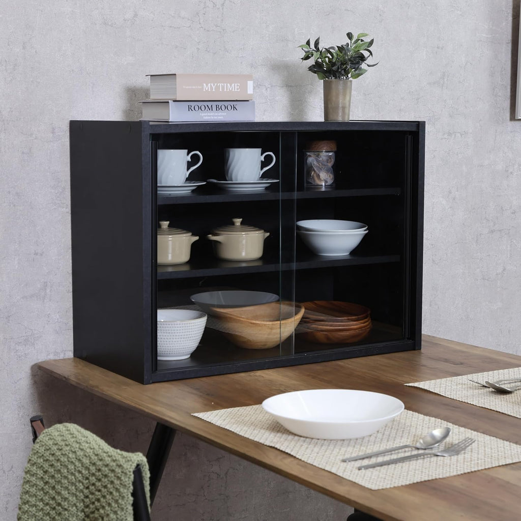 不二貿易(Fujiboeki) Fuji Boeki 99699 Cupboard, Kitchen Storage, Width 23.6 x Depth 11.4 x Height 17.3 inches (60 x 29 x 44 cm), Black Glass Door, Movable Shelf, Assembly