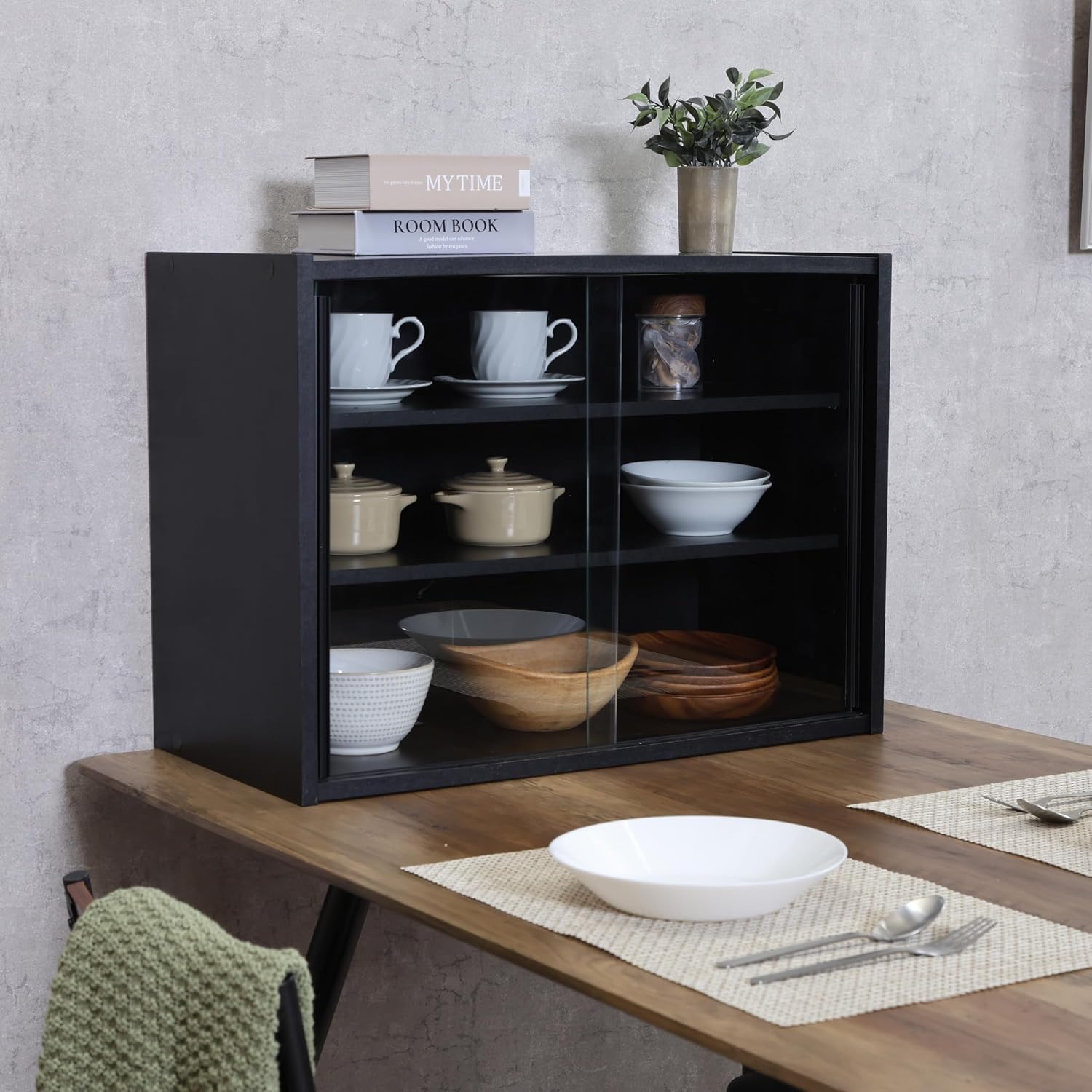 不二貿易(Fujiboeki) Fuji Boeki 99699 Cupboard, Kitchen Storage, Width 23.6 x Depth 11.4 x Height 17.3 inches (60 x 29 x 44 cm), Black Glass Door, Movable Shelf, Assembly