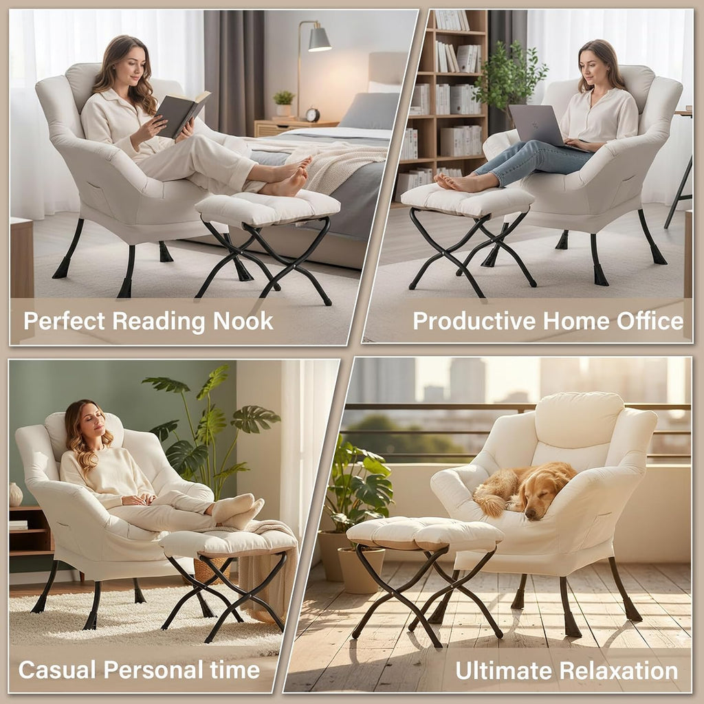 Cozy Lazy Chair and Ottoman, Large Contemporary Peach Beige Accent Chair Set, Leisure Upholstered Reading Armchair for Bedroom, Living Room, Dorm Rooms, Office, Balcony
