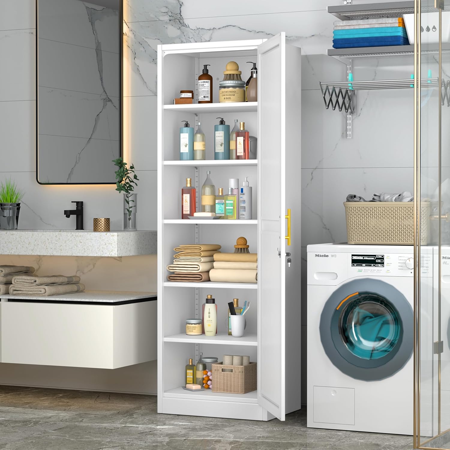 Tall Metal Narrow Bathroom Storage Locker Cabinet 67" H, Tall White Pantry Cabinets with 5 Adjustable Shelves and Lockable Doors for Kitchen, Home Office, Living Room, Dining Room