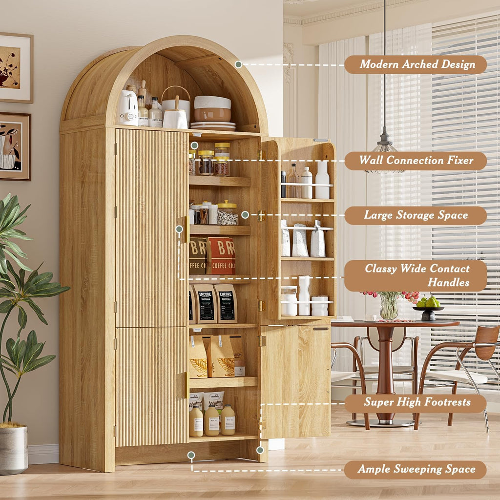 OFIKA 71" Arched Kitchen Pantry Cabinet, Fluted Wood Storage with 3 Adjustable Shelves & 6 Door Shelves, Modern Organizer for Kitchen, Bathroom, Natural Wood Finish (Wood)