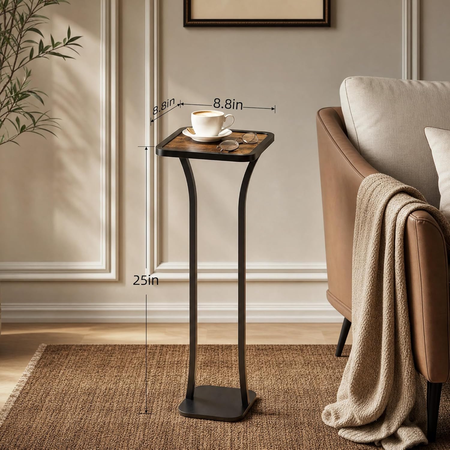 Small Square Side Table, Drink Table with Weighted Base, Solid Wood & Metal Accent Table for Small Spaces, Pedestal End Table for Living Room, Bedroom, Office(Black + Walnut)