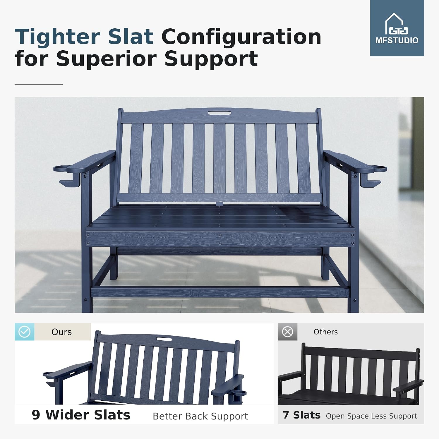 MFSTUDIO 50 Inches HDPE Outdoor Bench, Weatherproof Garden Benches, 2-Person Patio Bench for Outside with 700 lbs Weight Capacity, Perfect for Porch, Backyard and Park, Navy