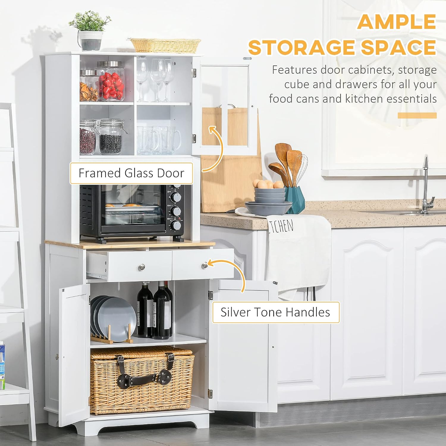 Freestanding 67" Kitchen Buffet with Hutch, Pantry Cabinet with Microwave Stand, Adjustable Shelf, 2 Drawers, Cupboard, White,15.5 * 26.8 * 67
