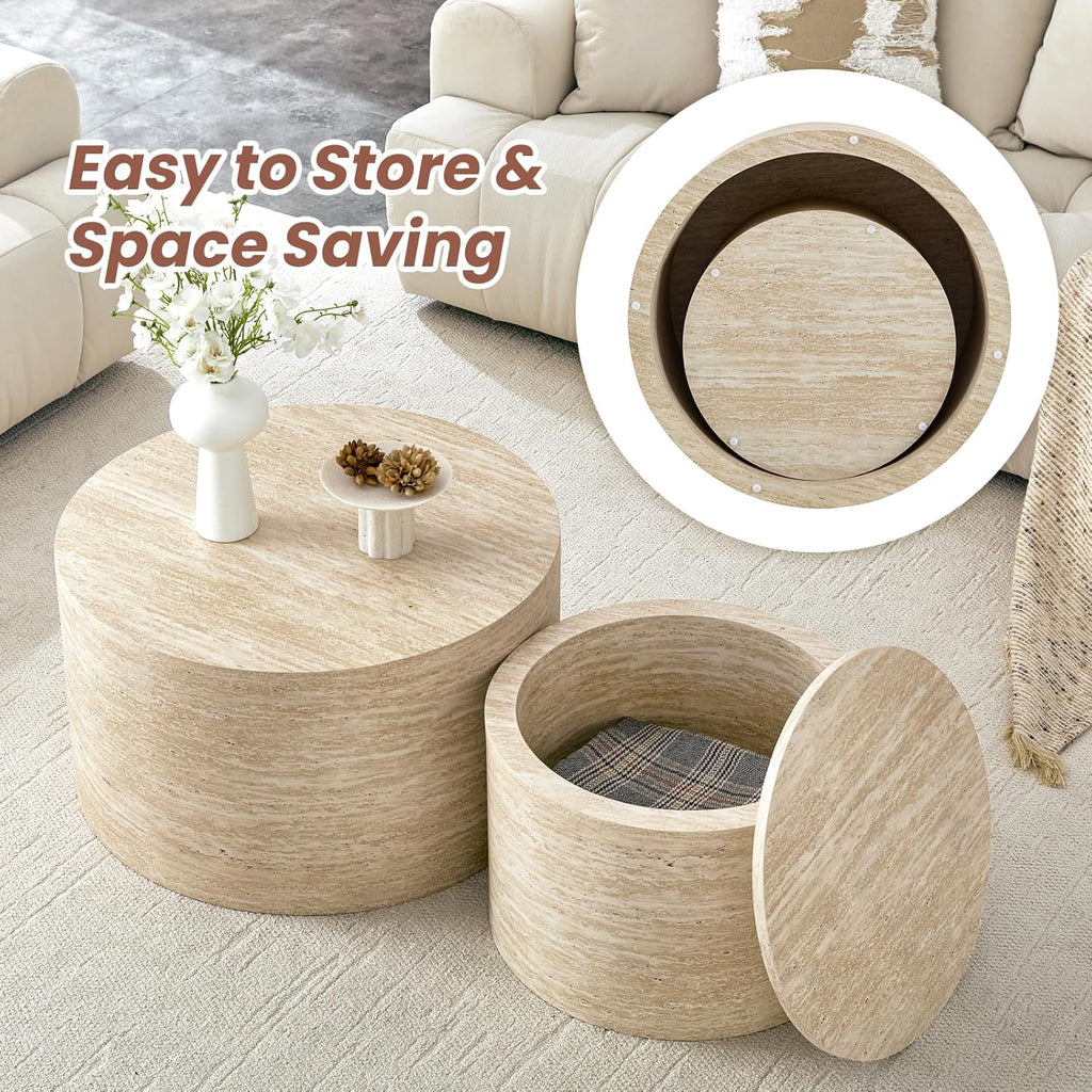 LKTART Round Nesting Coffee Table Set of 2， Modern Small Circle Coffee Table Travertine Side Table End Table Circular Coffee Tables Drum Nested Coffee Tables for Living Room