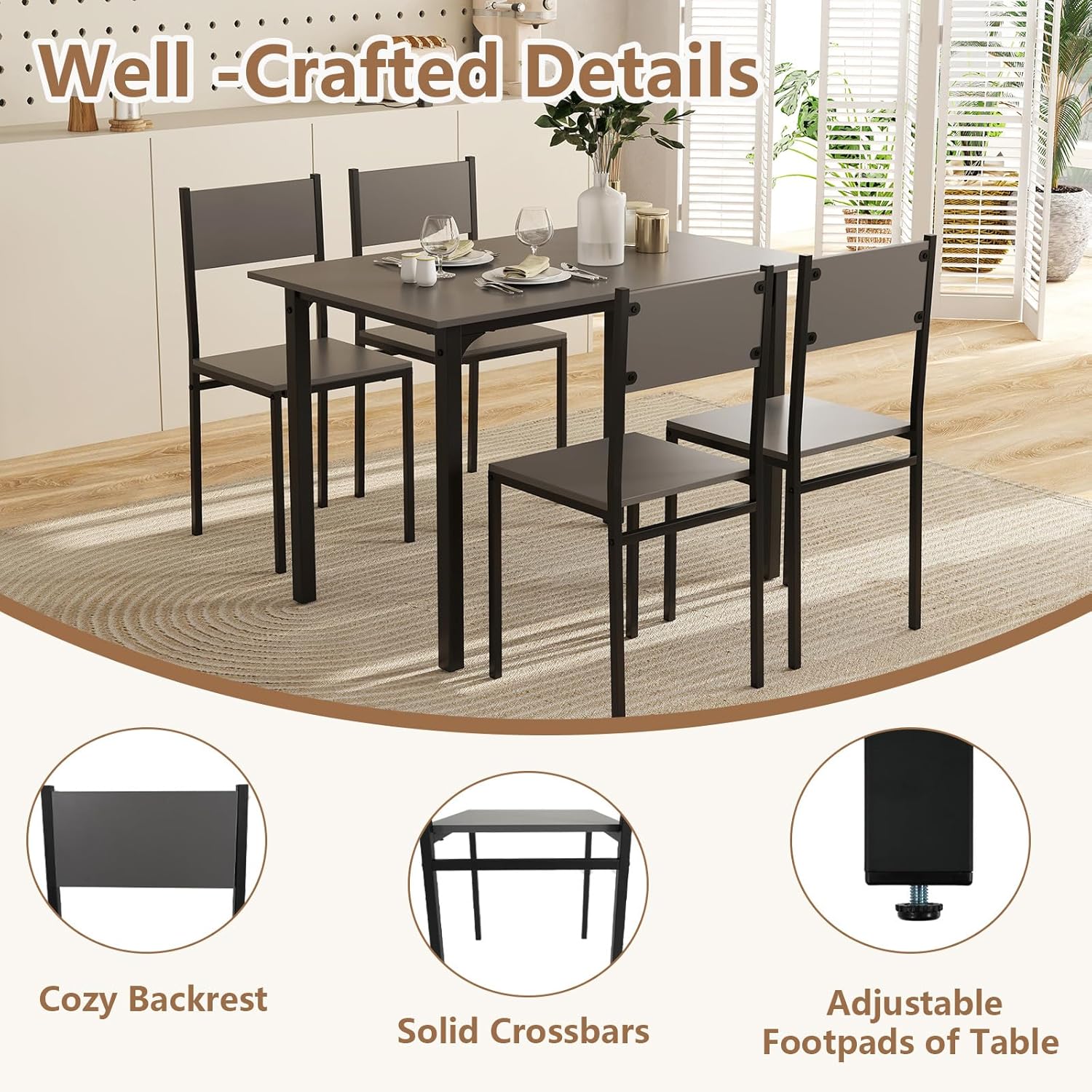 GOFLAME 5-Piece Dining Table Set, Industrial Kitchen Table and Chairs for 4 with Backrest and Metal Frame, Rectangular Space-Saving Dinette Set for Dining Room, Apartment, Small Space, Grey