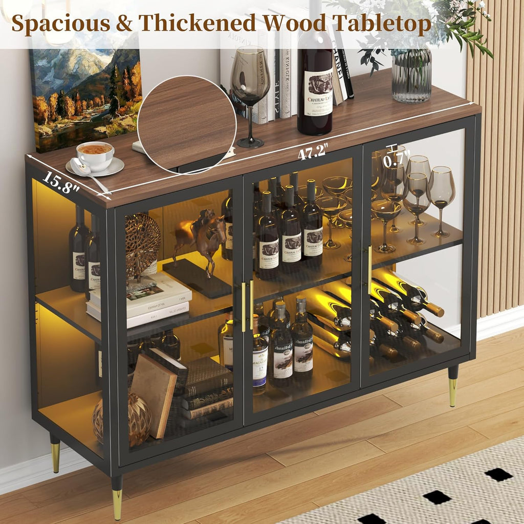 Glass Sideboard Buffet Cabinet with LED Lights, Metal & Wood Modern Storage Cabinet with 3 Glass Doors, Adjustable Shelves, Coffee Bar Cabinet for Kitchen, Entrance, Living Room, Dining Room, Black