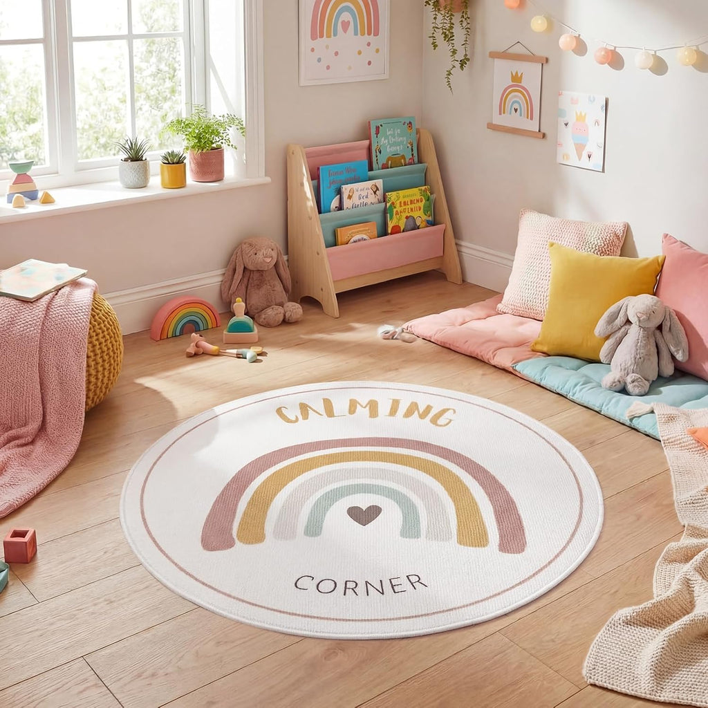 Dunzy Rainbow Boho Mat Classroom Calm Down Corner Rug 30" x 30" Non-Slip Carpets Black Rug for School Living Bedroom Playroom
