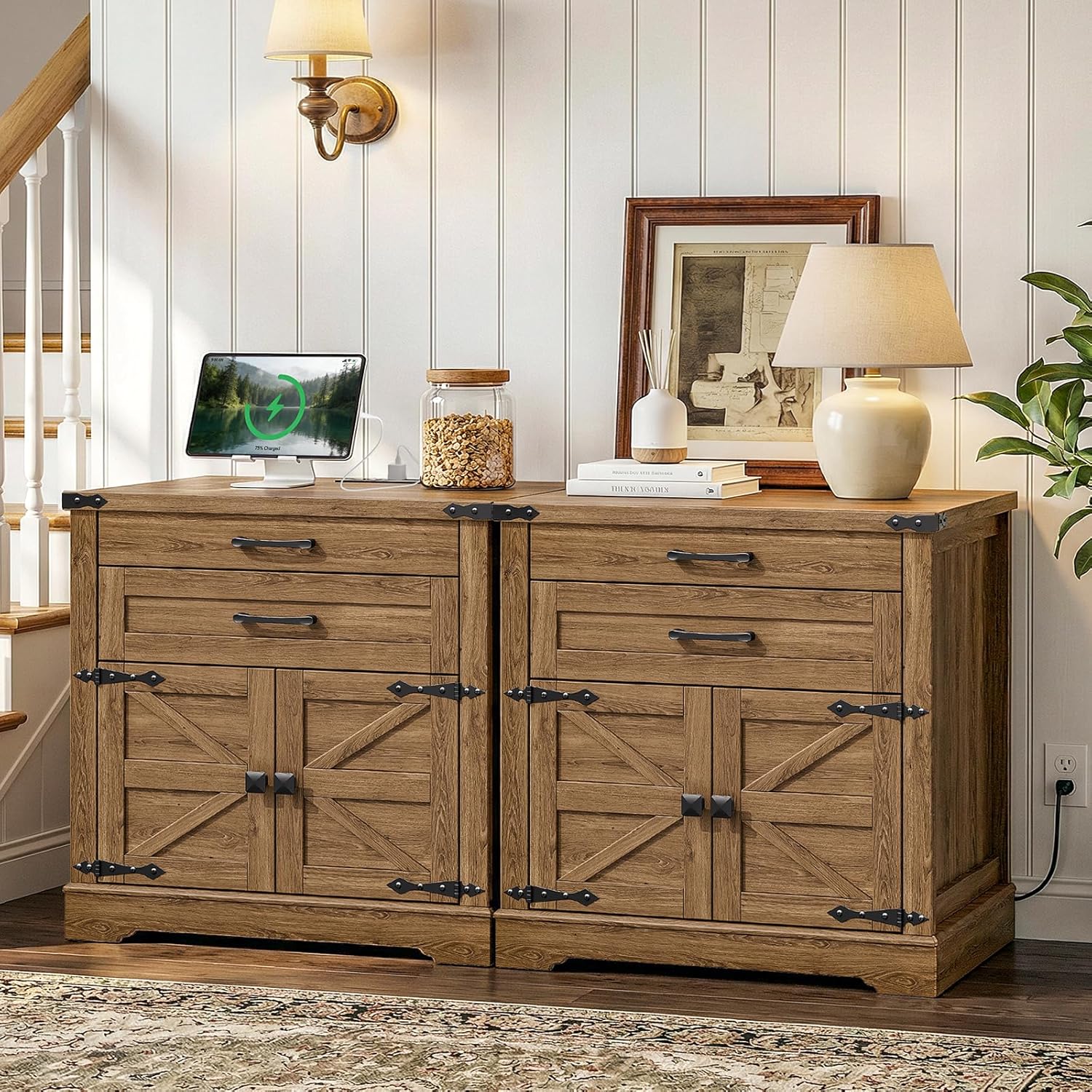 RALGEND Farmhouse End Table with Charging Station, 24'' Sofa Side Table with 2 Drawers and Barn Door, Large Rustic Wooden Square Nightstand for Bedroom, Living Room, Walnut