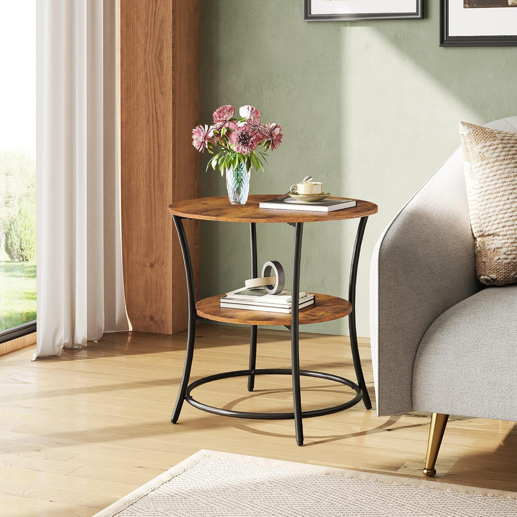 WLIVE Side Table, Round End Table with 2 Storage Shelves for Living Room, Bedroom, Nightstand with Steel Frame for Small Spaces, Accent Coffee Table, Rustic Brown
