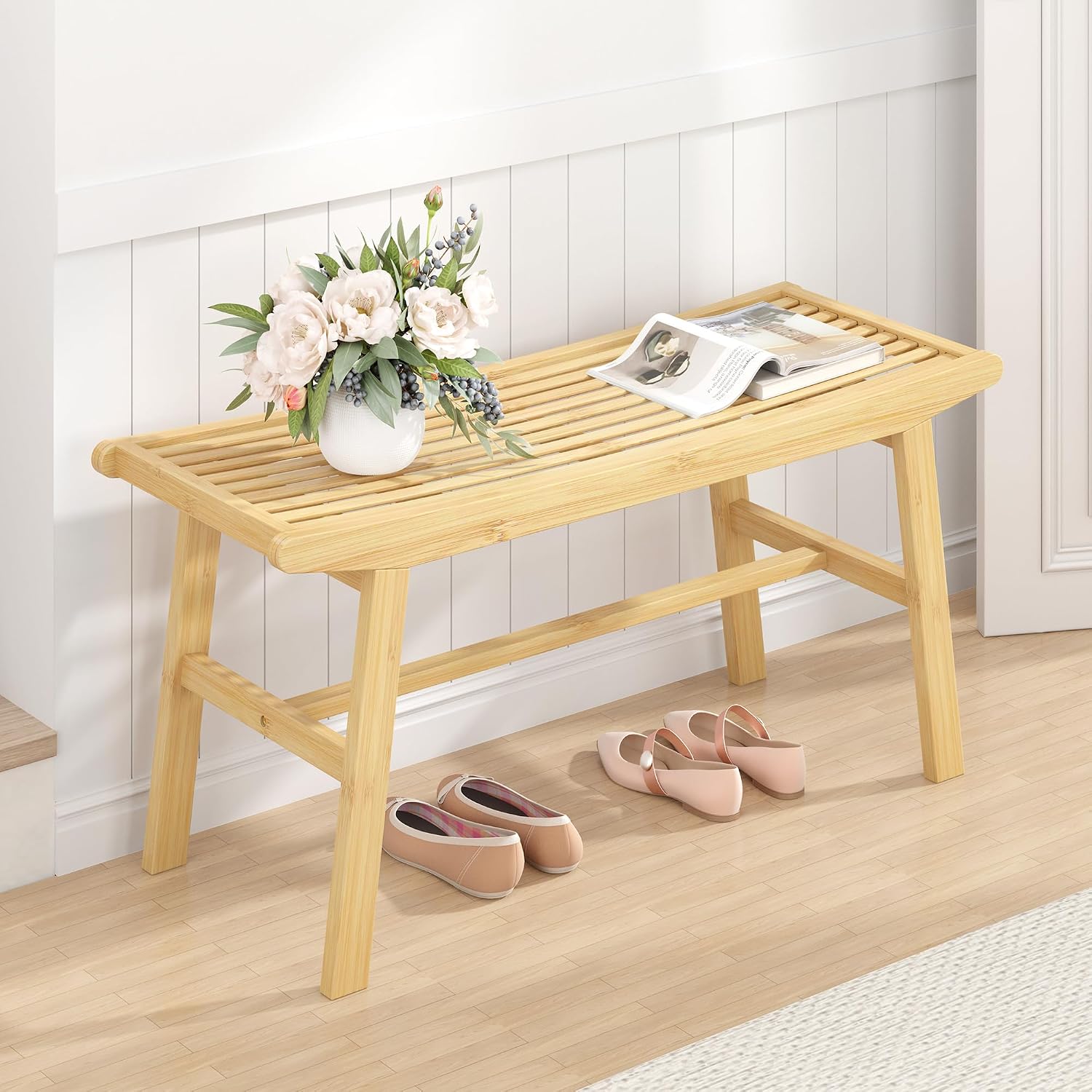 Bamboo Dining Bench Indoor Long Bench Sturdy & Comfortable Indoor Storage Bench Durable Slat Woven Design Modern Entryway Seating for Hallway (Nature, 1 Tier)