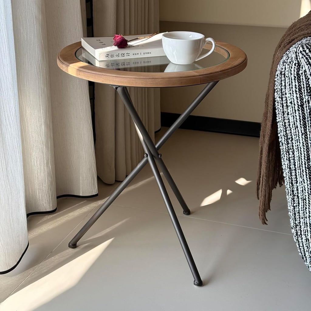 Premium Round Solid Wood Glass Top Side Table, Mid-Century Modern Industrial Accent End Table with Metal Tripod Legs for Living Room, Bedroom, Balcony & Small Spaces