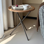 Premium Round Solid Wood Glass Top Side Table, Mid-Century Modern Industrial Accent End Table with Metal Tripod Legs for Living Room, Bedroom, Balcony & Small Spaces